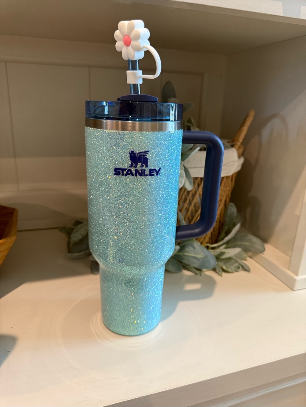 Custom 40 oz Stanley Glitter Blue Tumbler with Handle